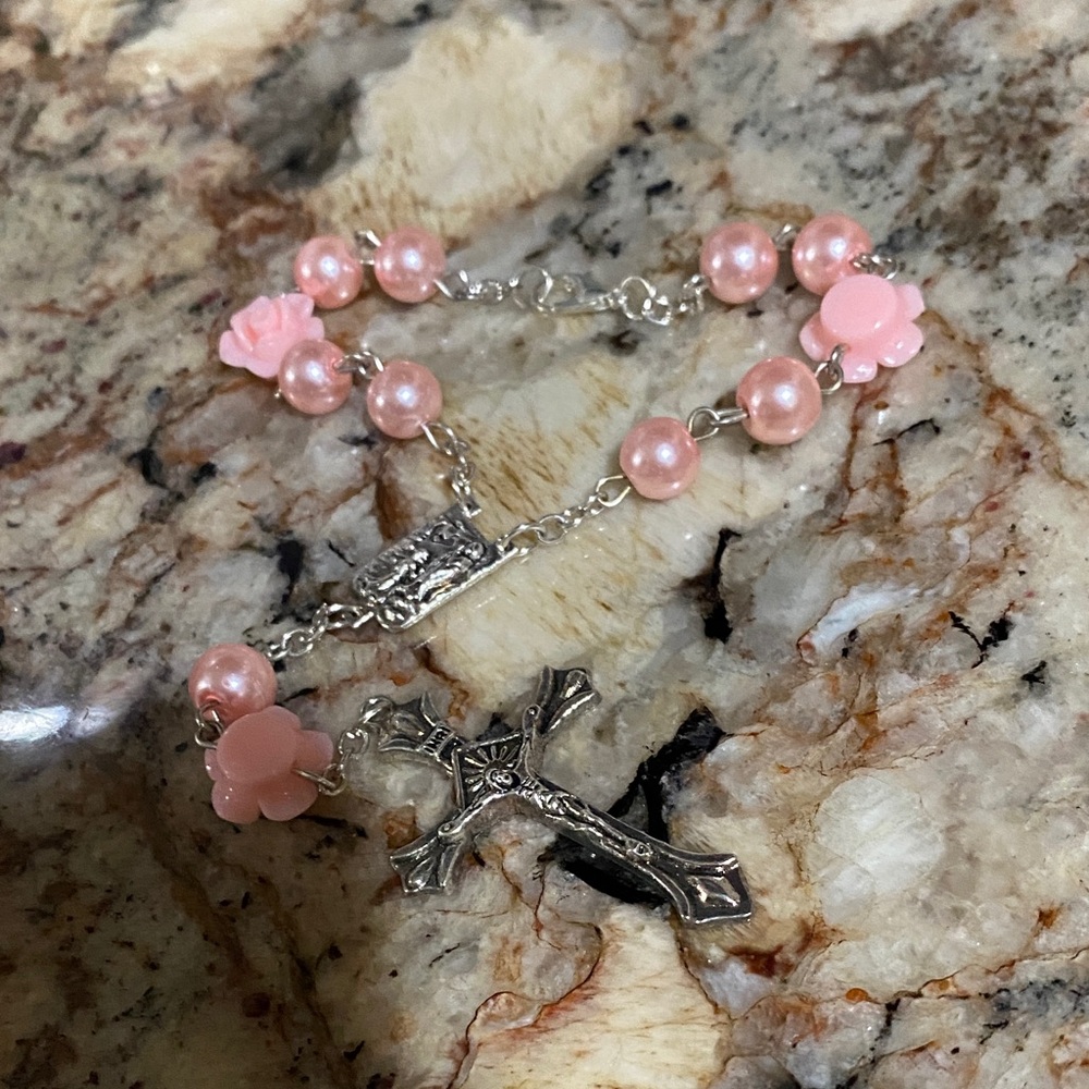 Pink Beaded Rosary with Silver Cross